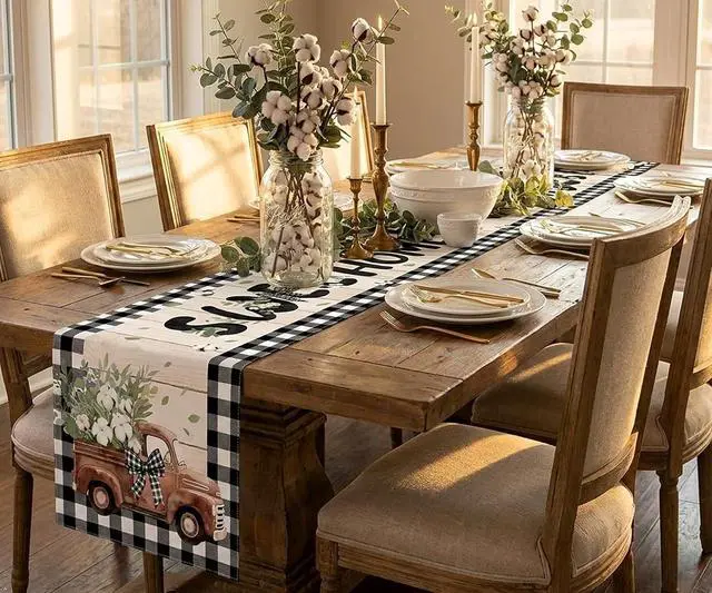 Alt view image 2 of 5 - Farmhouse Buffalo Plaid Table Runner, Vintage Truck Cotton, 13 x 72 Inches | Linen Texture Washable Rustic Country Decor, Decorative Runner for Dining & Kitchen Table, Table Protection for Home Party