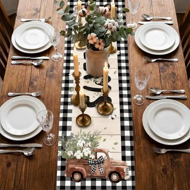 Alt view image 3 of 5 - Farmhouse Buffalo Plaid Table Runner, Vintage Truck Cotton, 13 x 72 Inches | Linen Texture Washable Rustic Country Decor, Decorative Runner for Dining & Kitchen Table, Table Protection for Home Party