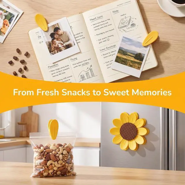 Alt view image 3 of 7 - Sunflower-Shaped Magnetic Chip Clips, Petal Style Bag Clips | Bag Sealing Clips for Snack Bags and Fridge Decor, Set of 10 (1, Yellow)