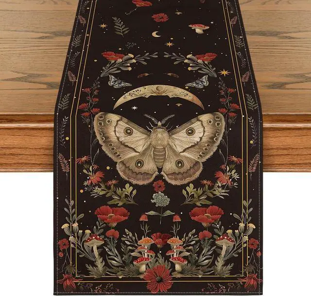Main image of Artoid Mode Poppy Moth Mushroom Moon Fall Table Runner, Seasonal Autumn Kitchen Dining Table Decoration for Home Party Decor 13x72 Inch