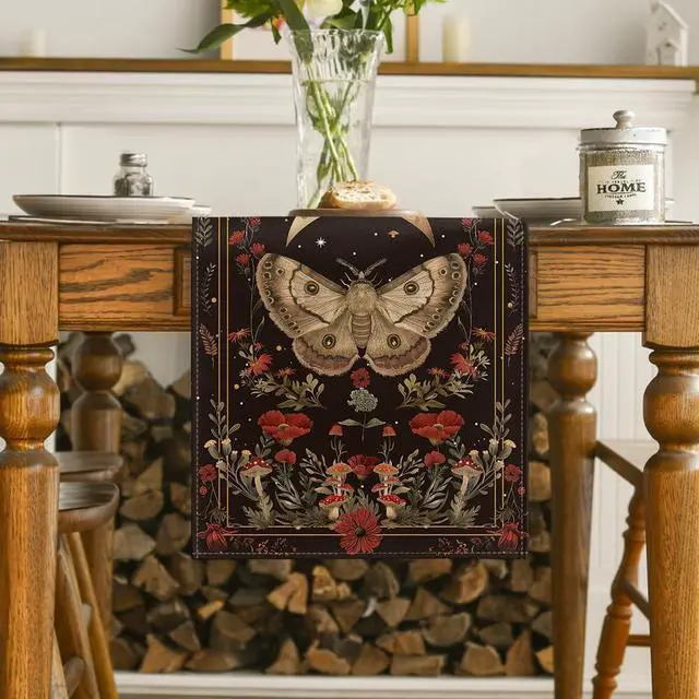 Alt view image 2 of 7 - Artoid Mode Poppy Moth Mushroom Moon Fall Table Runner, Seasonal Autumn Kitchen Dining Table Decoration for Home Party Decor 13x72 Inch
