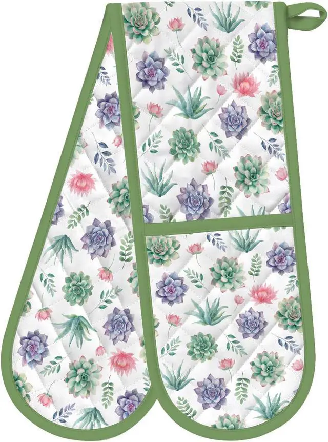 Main image of Green Double Oven Mitts - Succulent Heat Resistant with Cotton Lining & Hanging Ropes, Extra Long Oven Mitts Cute for Baking, BBQ, Kitchen Gadgets| Christmas Birthday Gift for Succulent Lovers, Mom