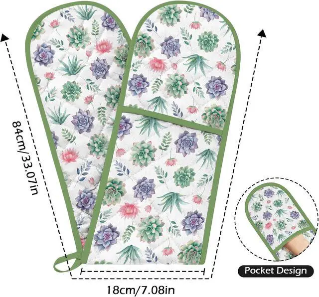 Alt view image 2 of 7 - Green Double Oven Mitts - Succulent Heat Resistant with Cotton Lining & Hanging Ropes, Extra Long Oven Mitts Cute for Baking, BBQ, Kitchen Gadgets| Christmas Birthday Gift for Succulent Lovers, Mom
