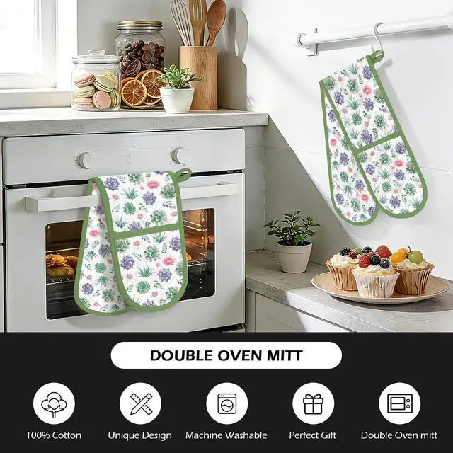 Alt view image 4 of 7 - Green Double Oven Mitts - Succulent Heat Resistant with Cotton Lining & Hanging Ropes, Extra Long Oven Mitts Cute for Baking, BBQ, Kitchen Gadgets| Christmas Birthday Gift for Succulent Lovers, Mom