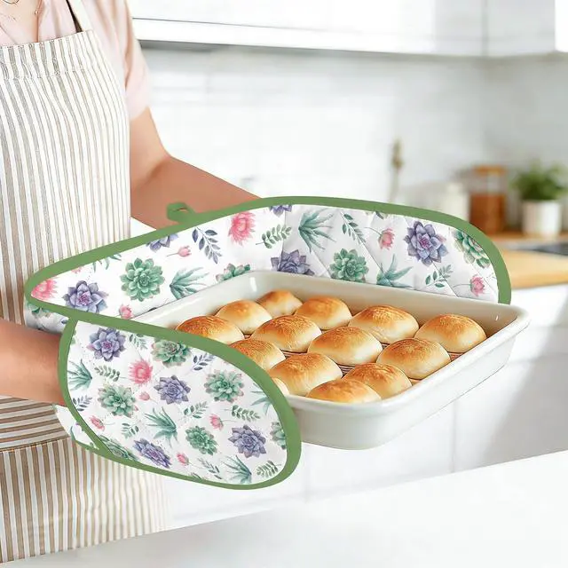 Alt view image 5 of 7 - Green Double Oven Mitts - Succulent Heat Resistant with Cotton Lining & Hanging Ropes, Extra Long Oven Mitts Cute for Baking, BBQ, Kitchen Gadgets| Christmas Birthday Gift for Succulent Lovers, Mom