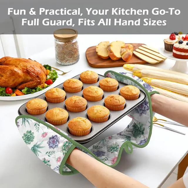 Alt view image 6 of 7 - Green Double Oven Mitts - Succulent Heat Resistant with Cotton Lining & Hanging Ropes, Extra Long Oven Mitts Cute for Baking, BBQ, Kitchen Gadgets| Christmas Birthday Gift for Succulent Lovers, Mom