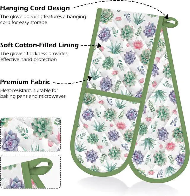 Alt view image 3 of 7 - Green Double Oven Mitts - Succulent Heat Resistant with Cotton Lining & Hanging Ropes, Extra Long Oven Mitts Cute for Baking, BBQ, Kitchen Gadgets| Christmas Birthday Gift for Succulent Lovers, Mom