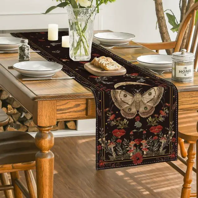 Alt view image 4 of 7 - Artoid Mode Poppy Moth Mushroom Moon Fall Table Runner, Seasonal Autumn Kitchen Dining Table Decoration for Home Party Decor 13x72 Inch