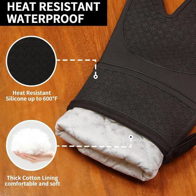 Alt view image 3 of 7 - Hovico Silicone Oven Mitts, Heat Resistant 500F Kitchen Mitts 2PCS, 11.6" BPA-Free Soft Baking Gloves, Non-Slip Grip Oven Gloves with Soft Cotton Lining for Kitchen Cooking Baking BBQ - Black