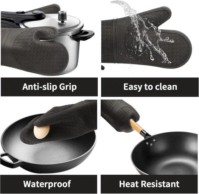 Alt view image 4 of 7 - Hovico Silicone Oven Mitts, Heat Resistant 500F Kitchen Mitts 2PCS, 11.6" BPA-Free Soft Baking Gloves, Non-Slip Grip Oven Gloves with Soft Cotton Lining for Kitchen Cooking Baking BBQ - Black