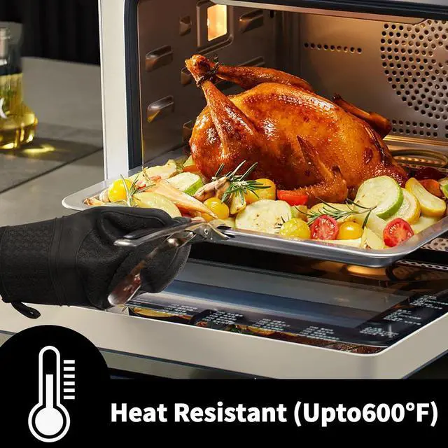 Alt view image 5 of 7 - Hovico Silicone Oven Mitts, Heat Resistant 500F Kitchen Mitts 2PCS, 11.6" BPA-Free Soft Baking Gloves, Non-Slip Grip Oven Gloves with Soft Cotton Lining for Kitchen Cooking Baking BBQ - Black