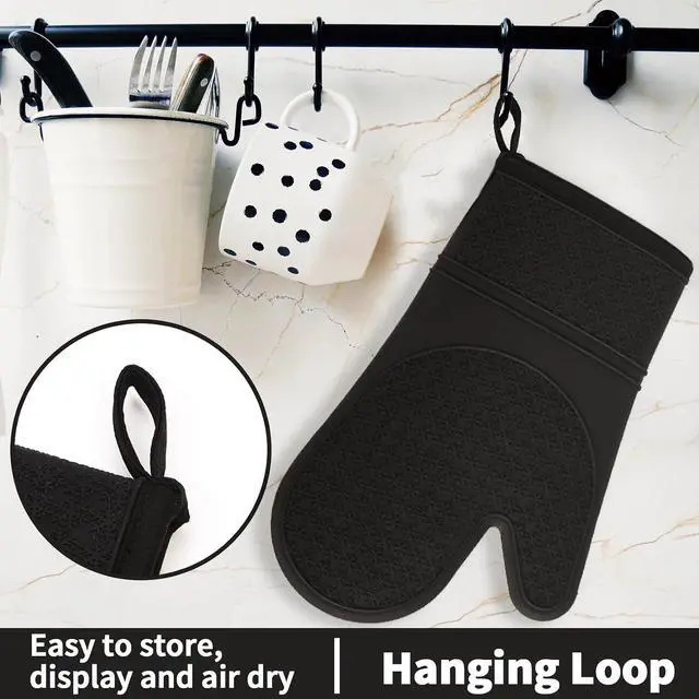 Alt view image 6 of 7 - Hovico Silicone Oven Mitts, Heat Resistant 500F Kitchen Mitts 2PCS, 11.6" BPA-Free Soft Baking Gloves, Non-Slip Grip Oven Gloves with Soft Cotton Lining for Kitchen Cooking Baking BBQ - Black