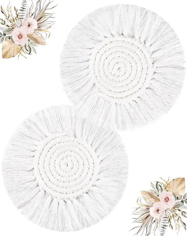 Main image of 2 PCS Boho Coasters for Drinks Absorbent, Macrame Cotton Coasters for Wooden Table Round Drink Coaster Set with Tassels Housewarming Gift Bar Coffee Table Office Desk Décor