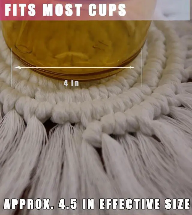 Alt view image 5 of 7 - 2 PCS Boho Coasters for Drinks Absorbent, Macrame Cotton Coasters for Wooden Table Round Drink Coaster Set with Tassels Housewarming Gift Bar Coffee Table Office Desk Décor