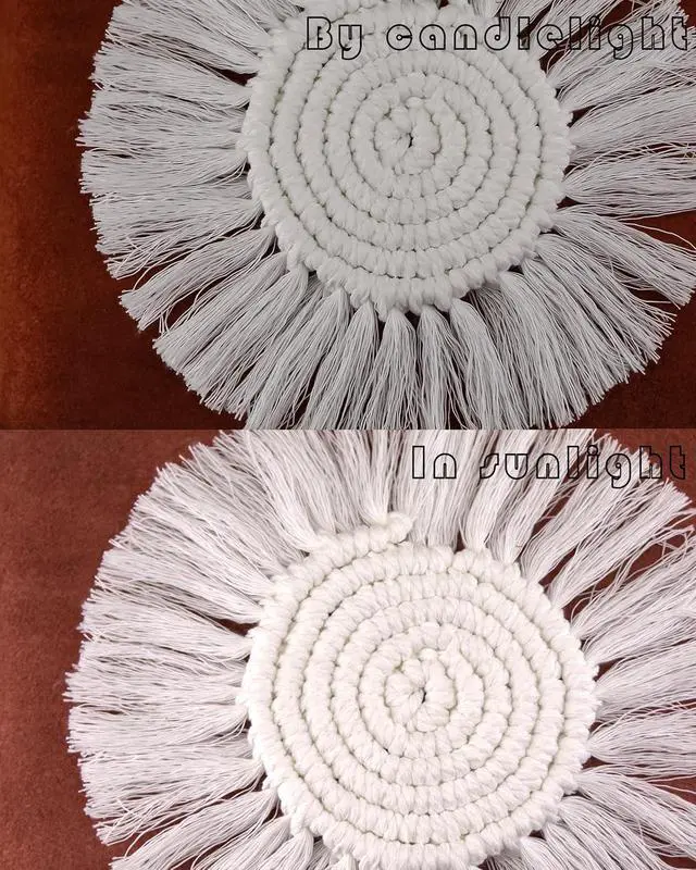 Alt view image 7 of 7 - 2 PCS Boho Coasters for Drinks Absorbent, Macrame Cotton Coasters for Wooden Table Round Drink Coaster Set with Tassels Housewarming Gift Bar Coffee Table Office Desk Décor