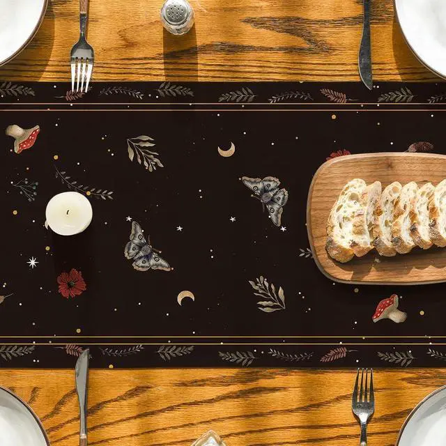 Alt view image 3 of 7 - Artoid Mode Poppy Moth Mushroom Moon Fall Table Runner, Seasonal Autumn Kitchen Dining Table Decoration for Home Party Decor 13x72 Inch