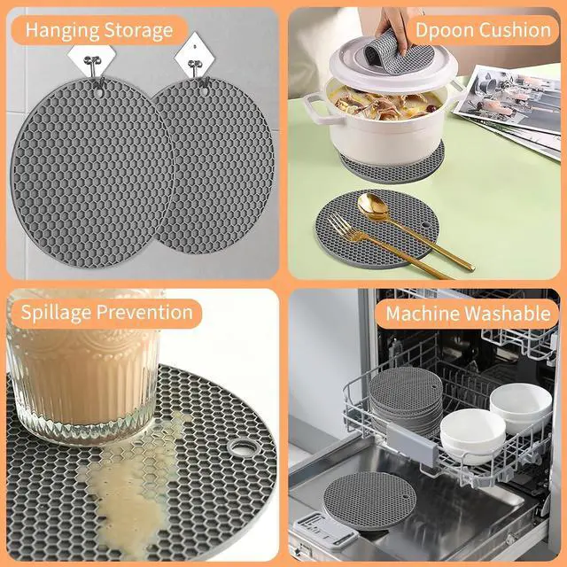 Alt view image 6 of 7 - Silicone Trivet Mats, 4 Pack Trivets for Hot Dishes and Pans, Heat Resistant Non-Slip Trivet for Kitchen Countertop, Easy to Clean(Gray)