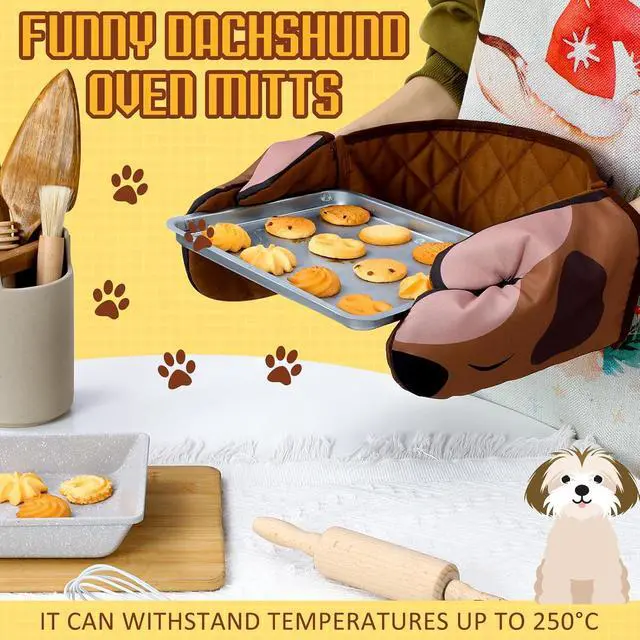 Alt view image 4 of 6 - Funnymoom Dachshund Oven Mitts, Funny Dog Oven Mitts Heat Resistant | Funny Oven Mitts, Dog Design, Heat Resistant Fabric, Double Mitts Set, Cooking Baking Grilling Gift for Dog Lovers