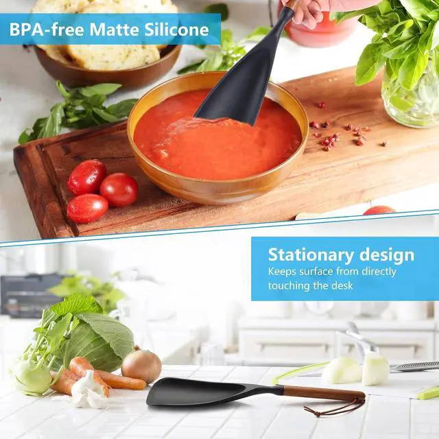 Alt view image 3 of 7 - Multifunction Silicone Spatula Spoon - Premium Kitchen Utensil Set for Cooking, Baking, and ServingSilicone Ladle and Spatula for Non-Stick CookwareWood Handle Spoon (Black 2-Pack)