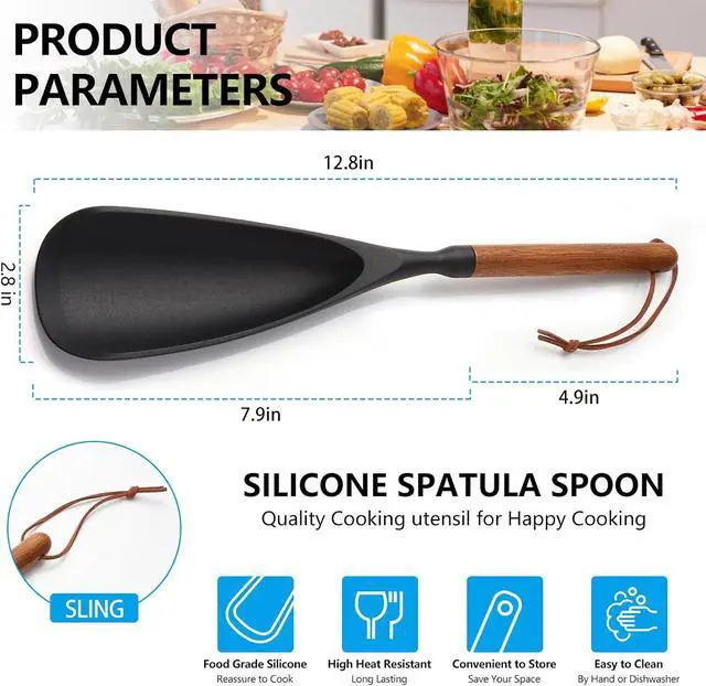 Alt view image 6 of 7 - Multifunction Silicone Spatula Spoon - Premium Kitchen Utensil Set for Cooking, Baking, and ServingSilicone Ladle and Spatula for Non-Stick CookwareWood Handle Spoon (Black 2-Pack)