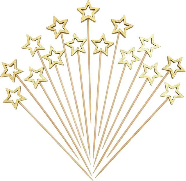 Main image of Minisland Big Gold Star Cocktail Picks, 5.5 Inch Long Bamboo Fancy Toothpicks for Appetizers, Decorative Christmas New Year Holiday Party Food Drinks Garnish Fruit Skewer Sticks 50 Counts - MSL430