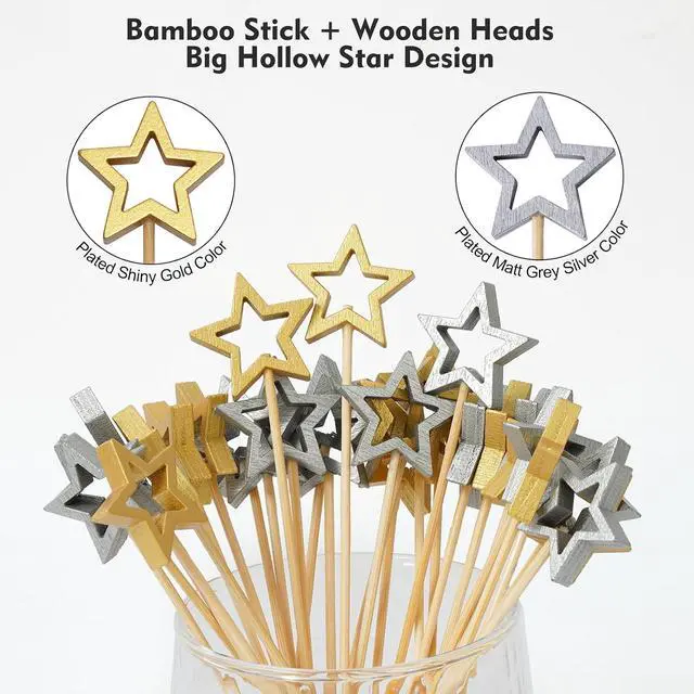 Alt view image 2 of 7 - Minisland Big Gold Star Cocktail Picks, 5.5 Inch Long Bamboo Fancy Toothpicks for Appetizers, Decorative Christmas New Year Holiday Party Food Drinks Garnish Fruit Skewer Sticks 50 Counts - MSL430