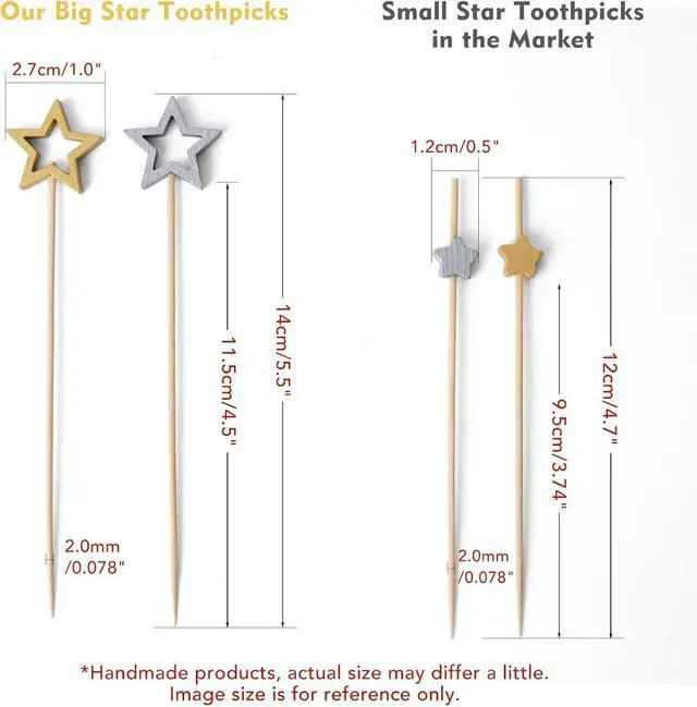 Alt view image 3 of 7 - Minisland Big Gold Star Cocktail Picks, 5.5 Inch Long Bamboo Fancy Toothpicks for Appetizers, Decorative Christmas New Year Holiday Party Food Drinks Garnish Fruit Skewer Sticks 50 Counts - MSL430