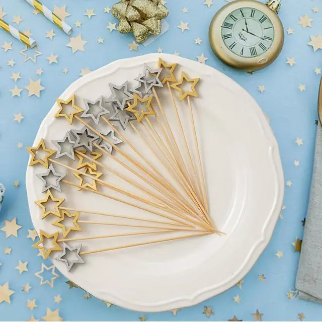 Alt view image 5 of 7 - Minisland Big Gold Star Cocktail Picks, 5.5 Inch Long Bamboo Fancy Toothpicks for Appetizers, Decorative Christmas New Year Holiday Party Food Drinks Garnish Fruit Skewer Sticks 50 Counts - MSL430