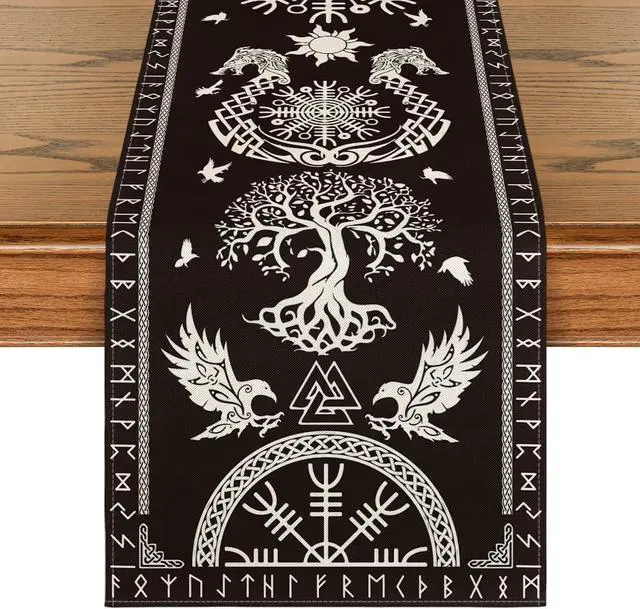 Main image of Artoid Mode Black Viking Tree of Life Raven Helmet of Awe Table Runner, Seasonal Kitchen Dining Table Decoration for Home Party Decor 13x72 Inch