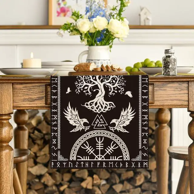 Alt view image 2 of 7 - Artoid Mode Black Viking Tree of Life Raven Helmet of Awe Table Runner, Seasonal Kitchen Dining Table Decoration for Home Party Decor 13x72 Inch