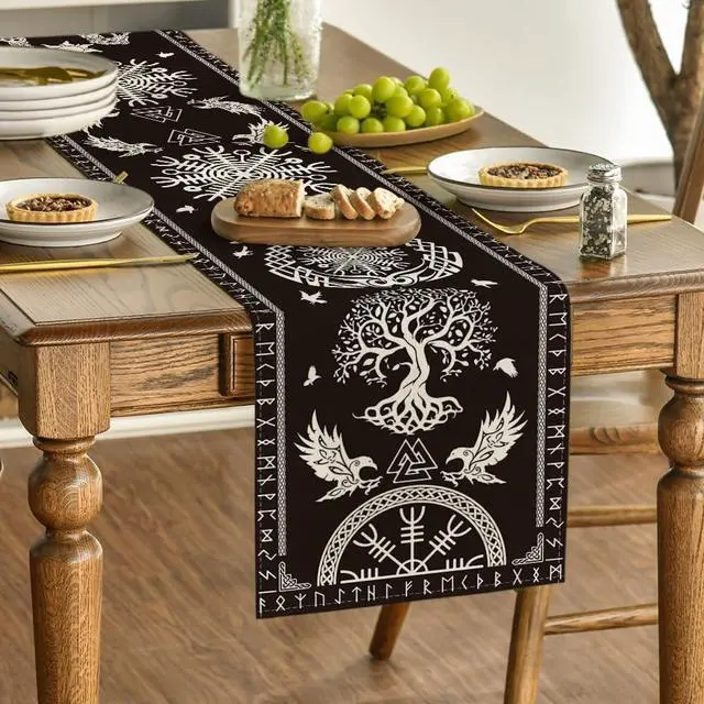 Alt view image 3 of 7 - Artoid Mode Black Viking Tree of Life Raven Helmet of Awe Table Runner, Seasonal Kitchen Dining Table Decoration for Home Party Decor 13x72 Inch