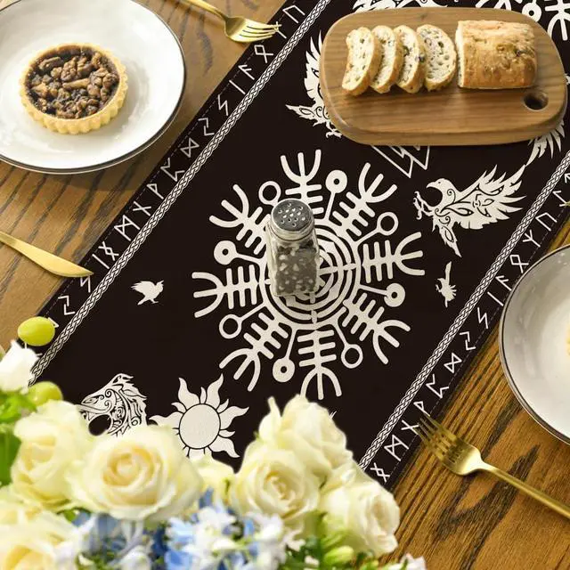 Alt view image 4 of 7 - Artoid Mode Black Viking Tree of Life Raven Helmet of Awe Table Runner, Seasonal Kitchen Dining Table Decoration for Home Party Decor 13x72 Inch
