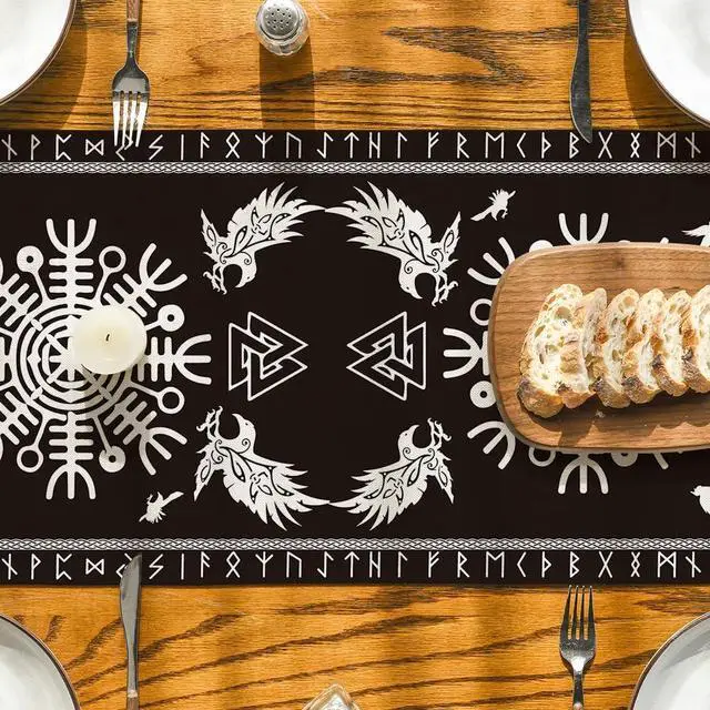 Alt view image 7 of 7 - Artoid Mode Black Viking Tree of Life Raven Helmet of Awe Table Runner, Seasonal Kitchen Dining Table Decoration for Home Party Decor 13x72 Inch