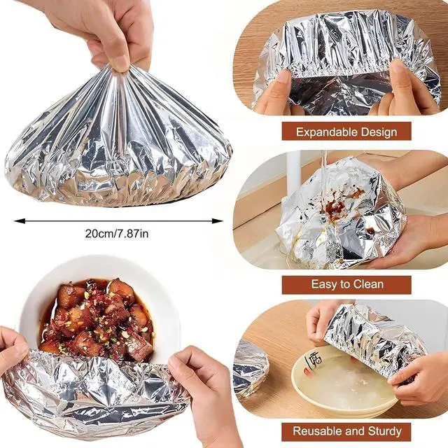 Alt view image 7 of 7 - 20Pieces Aluminum Foil Food Covers - Insulation Cover for Kitchen Dishes, Warmth Retention, Reusable and Stretchable, Fits Plates, Bowls, and Containers