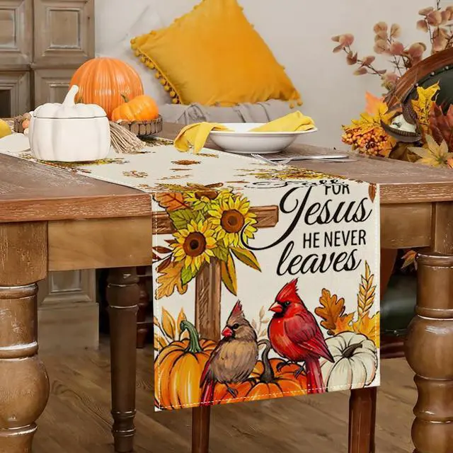 Alt view image 2 of 7 - RABUSOFA Fall Table Runner 13x72 Inch Pumpkins Fall Decor for Home | Sunflower Cross Cardinal,Fall for Jesus He Never Leaves Quote,Autumn Kitchen Dining Table Holiday Decorations for Party