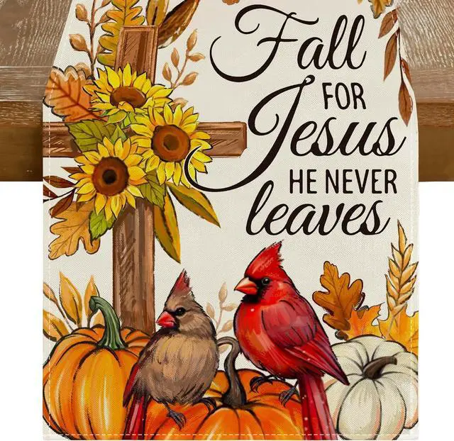 Main image of RABUSOFA Fall Table Runner 13x72 Inch Pumpkins Fall Decor for Home | Sunflower Cross Cardinal,Fall for Jesus He Never Leaves Quote,Autumn Kitchen Dining Table Holiday Decorations for Party