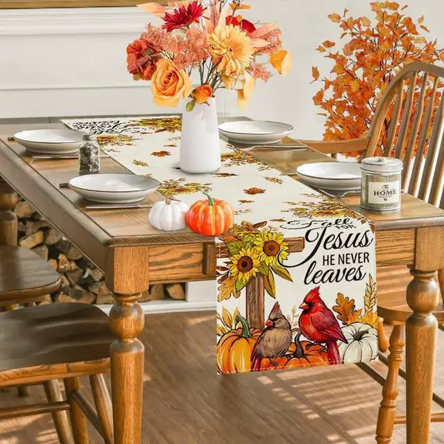 Alt view image 3 of 7 - RABUSOFA Fall Table Runner 13x72 Inch Pumpkins Fall Decor for Home | Sunflower Cross Cardinal,Fall for Jesus He Never Leaves Quote,Autumn Kitchen Dining Table Holiday Decorations for Party