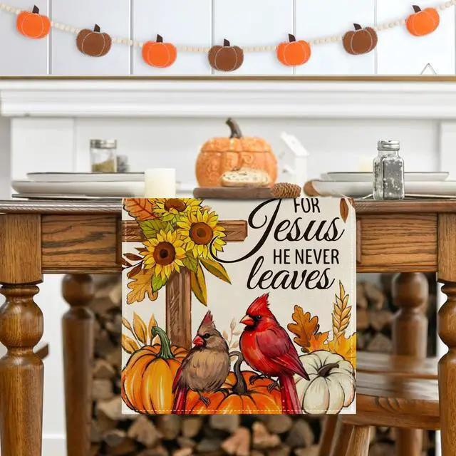 Alt view image 5 of 7 - RABUSOFA Fall Table Runner 13x72 Inch Pumpkins Fall Decor for Home | Sunflower Cross Cardinal,Fall for Jesus He Never Leaves Quote,Autumn Kitchen Dining Table Holiday Decorations for Party