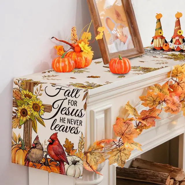 Alt view image 6 of 7 - RABUSOFA Fall Table Runner 13x72 Inch Pumpkins Fall Decor for Home | Sunflower Cross Cardinal,Fall for Jesus He Never Leaves Quote,Autumn Kitchen Dining Table Holiday Decorations for Party