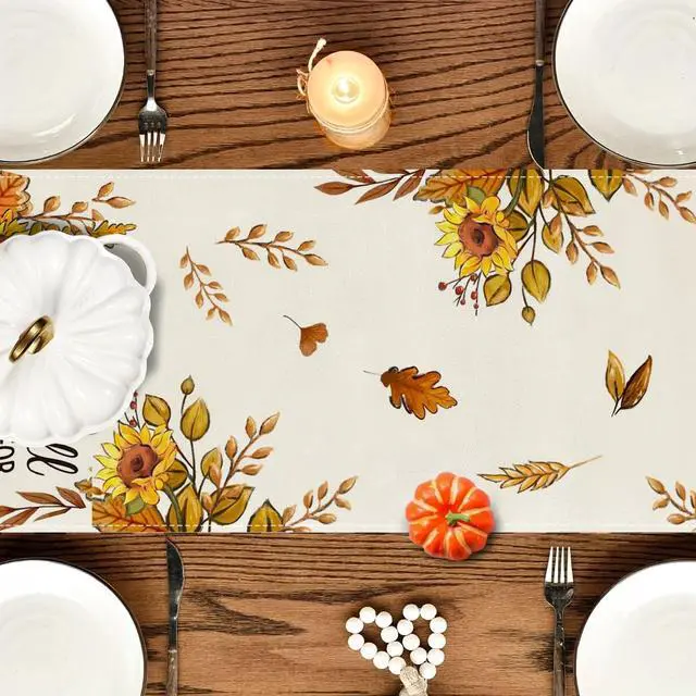 Alt view image 4 of 7 - RABUSOFA Fall Table Runner 13x72 Inch Pumpkins Fall Decor for Home | Sunflower Cross Cardinal,Fall for Jesus He Never Leaves Quote,Autumn Kitchen Dining Table Holiday Decorations for Party