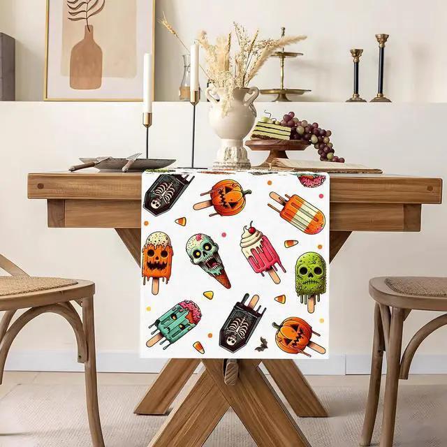 Alt view image 2 of 6 - Summerween Table Runner Spooky Popsicle Skull Ice Cream Party Decoration Pumpkin Candy Corn Home Kitchen Dining Room Table Decor (13" x 72")