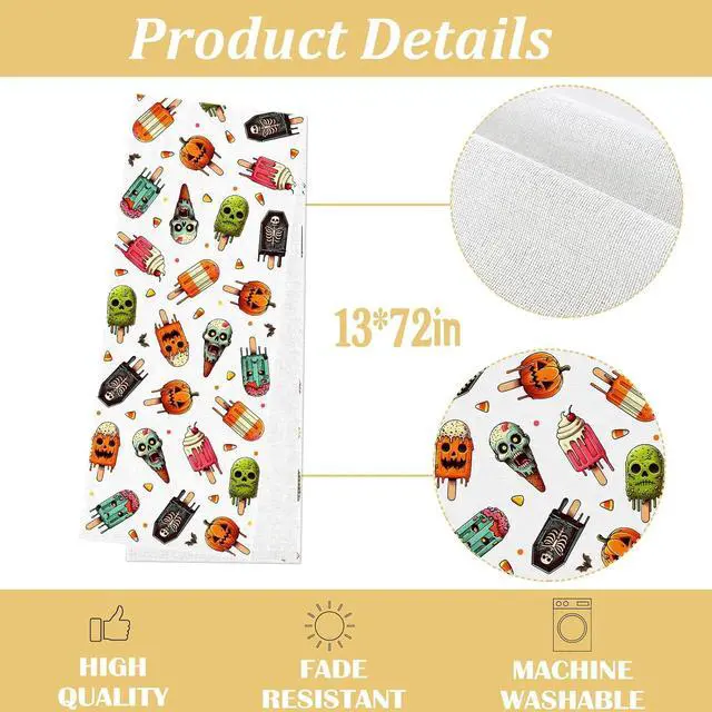 Alt view image 3 of 6 - Summerween Table Runner Spooky Popsicle Skull Ice Cream Party Decoration Pumpkin Candy Corn Home Kitchen Dining Room Table Decor (13" x 72")