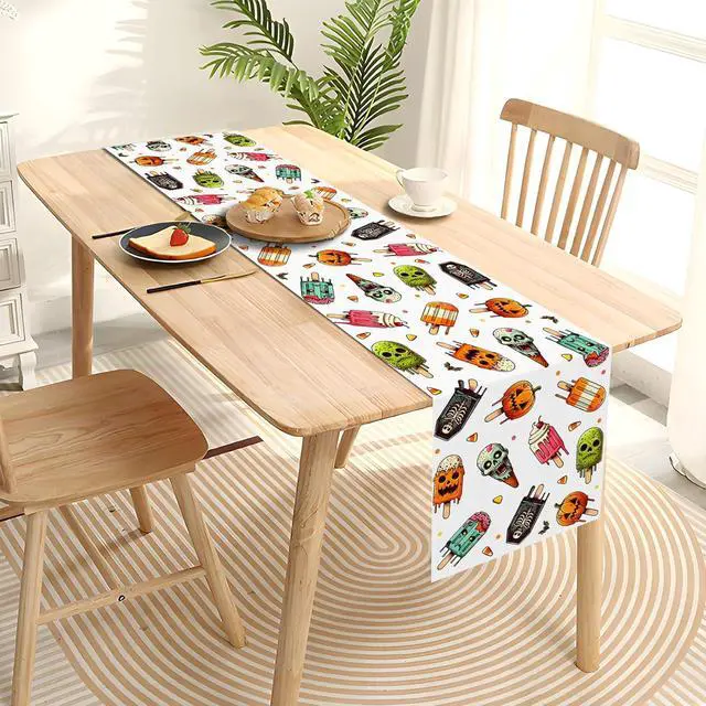 Alt view image 4 of 6 - Summerween Table Runner Spooky Popsicle Skull Ice Cream Party Decoration Pumpkin Candy Corn Home Kitchen Dining Room Table Decor (13" x 72")