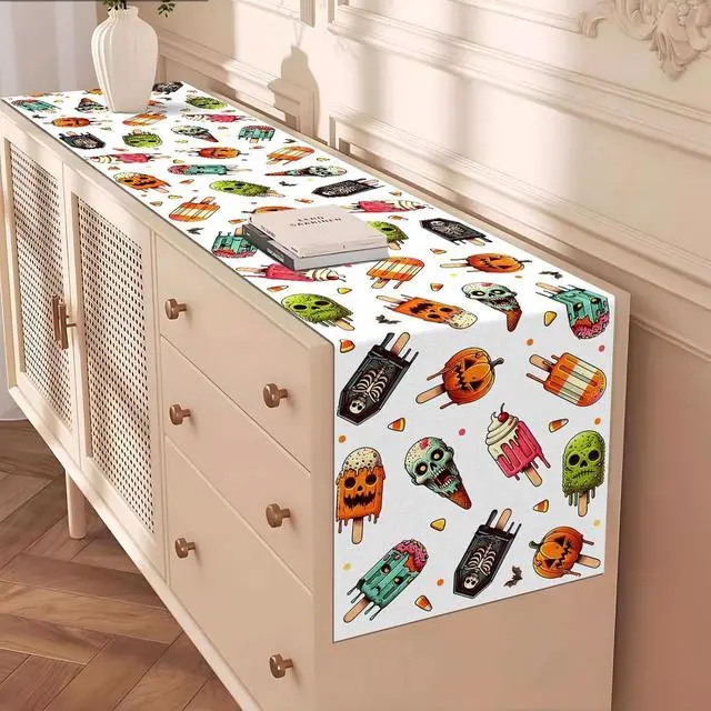 Alt view image 5 of 6 - Summerween Table Runner Spooky Popsicle Skull Ice Cream Party Decoration Pumpkin Candy Corn Home Kitchen Dining Room Table Decor (13" x 72")