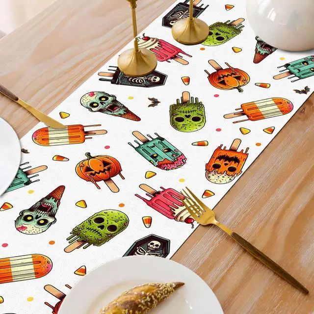 Alt view image 6 of 6 - Summerween Table Runner Spooky Popsicle Skull Ice Cream Party Decoration Pumpkin Candy Corn Home Kitchen Dining Room Table Decor (13" x 72")