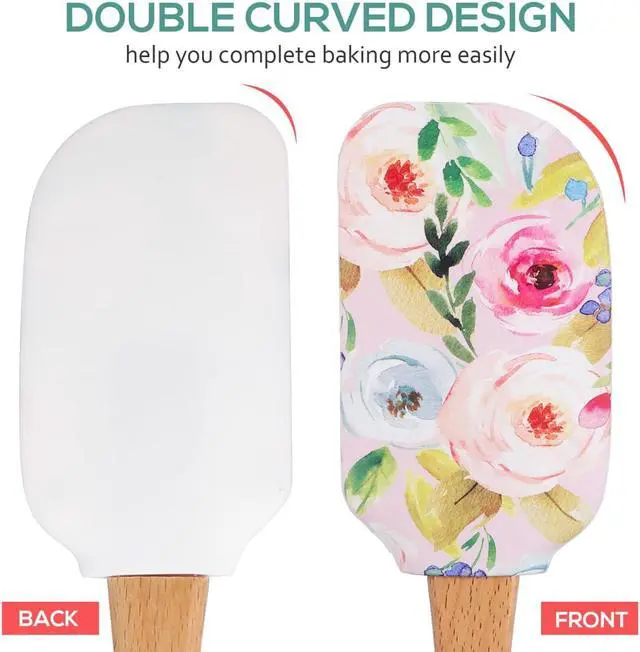 Alt view image 5 of 7 - Veemoon Silicone Spatula Set with Wooden Handle, 2pcs Heat Resistant Baking Cake Cream Scrapers Soft Rubber Mixing Scraper Non-Stick Flexible Spatula - Floral Pattern - Kitchen Utensils for Cooking