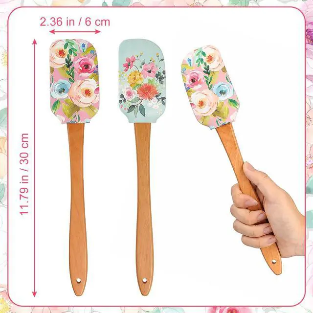 Alt view image 4 of 7 - Veemoon Silicone Spatula Set with Wooden Handle, 2pcs Heat Resistant Baking Cake Cream Scrapers Soft Rubber Mixing Scraper Non-Stick Flexible Spatula - Floral Pattern - Kitchen Utensils for Cooking