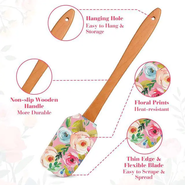 Alt view image 6 of 7 - Veemoon Silicone Spatula Set with Wooden Handle, 2pcs Heat Resistant Baking Cake Cream Scrapers Soft Rubber Mixing Scraper Non-Stick Flexible Spatula - Floral Pattern - Kitchen Utensils for Cooking