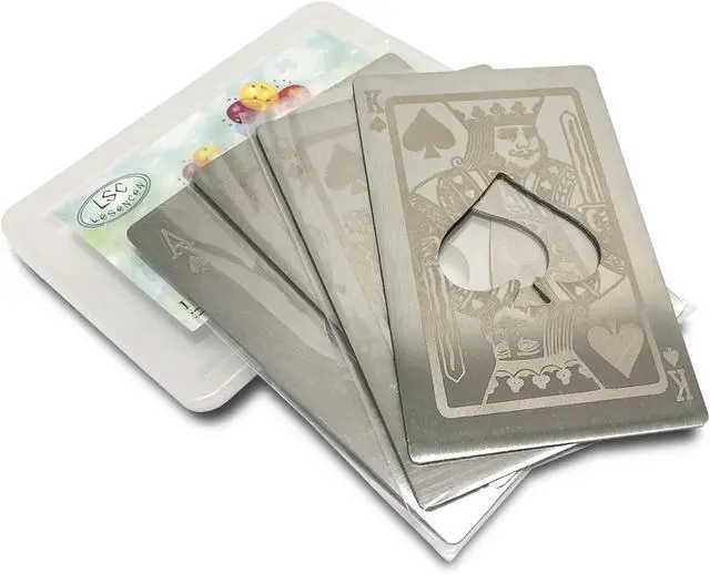 Main image of Metal Poker Card Stainless Steel Bottle Opener Pack of 4 Styles | Mini Portable with Engraved Pattern Silver