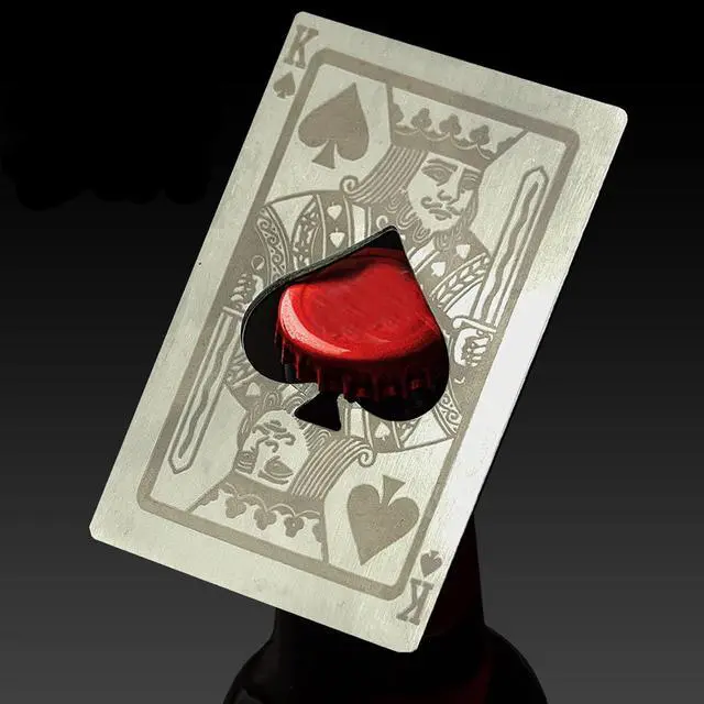 Alt view image 2 of 7 - Metal Poker Card Stainless Steel Bottle Opener Pack of 4 Styles | Mini Portable with Engraved Pattern Silver